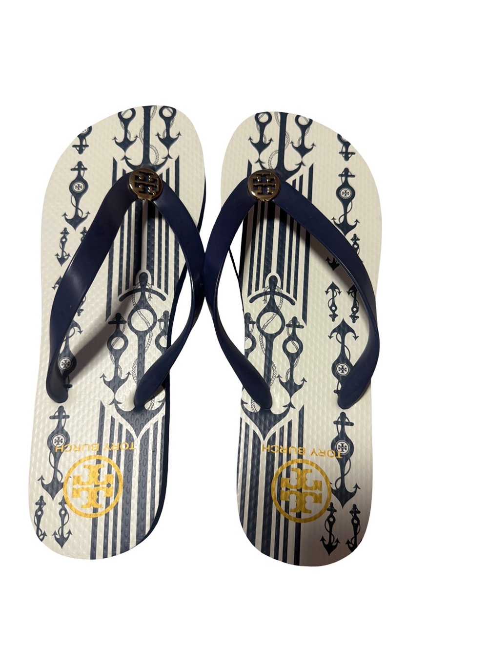 Tory Burch Navy and White Nautical Logo Flip Flop Sandals